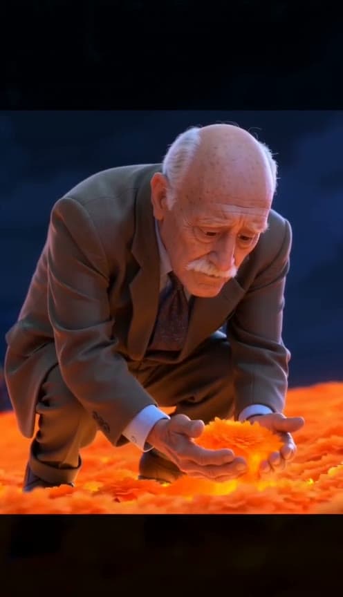 A frame from a finished video: the animated character kneels in the glowing marigold field