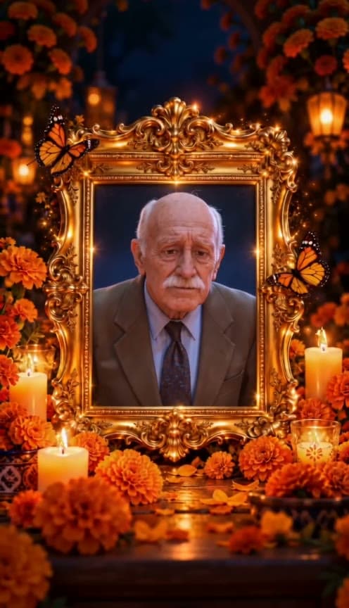 The final frame of the video: the photo inside a golden frame with marigolds and candles
